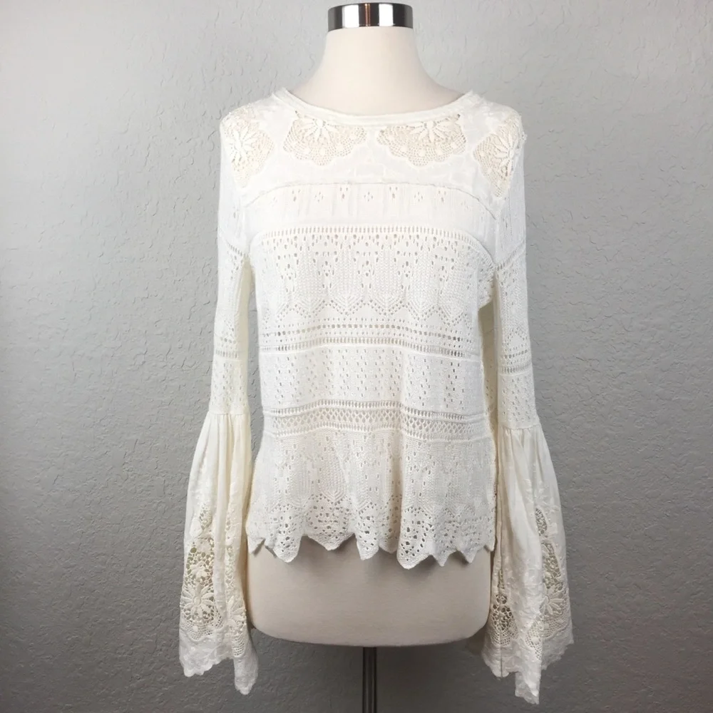 Free People Once Upon a Time Cream Crochet Lace Bell Sleeve Blouse